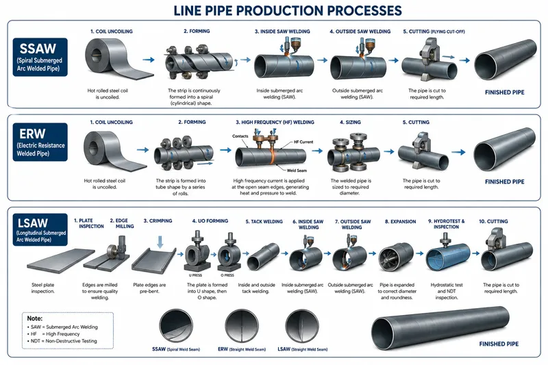 ERW, LSAW and SSAW pipe production process comparison