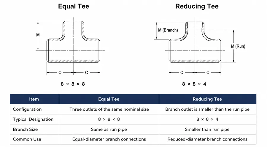 Difference between ASME B16.9 equal tee and reducing tee