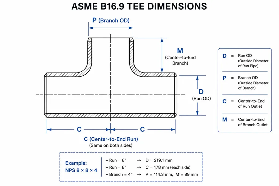 ASME B16.9 pipe tee dimension diagram showing C M D and P dimensions