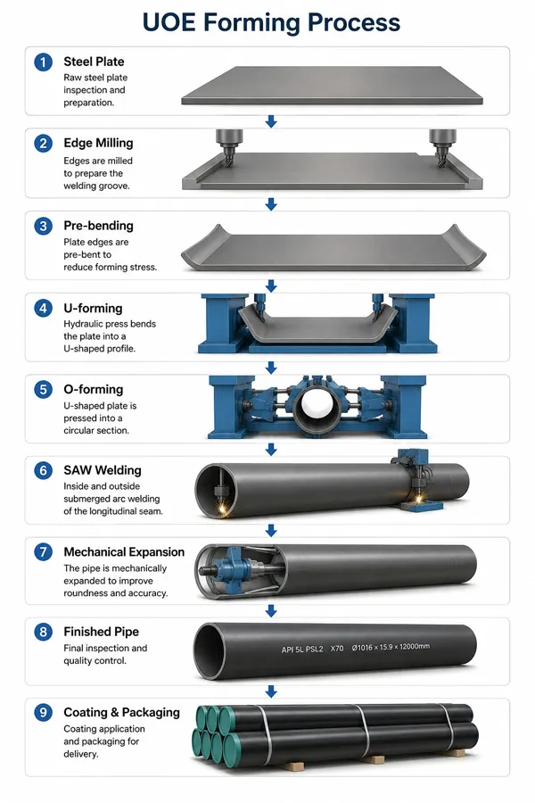 LSAW Steel Pipe, LSAW Steel Pipe Forming, UOE LSAW Steel Pipe, JCOE LSAW Steel Pipe